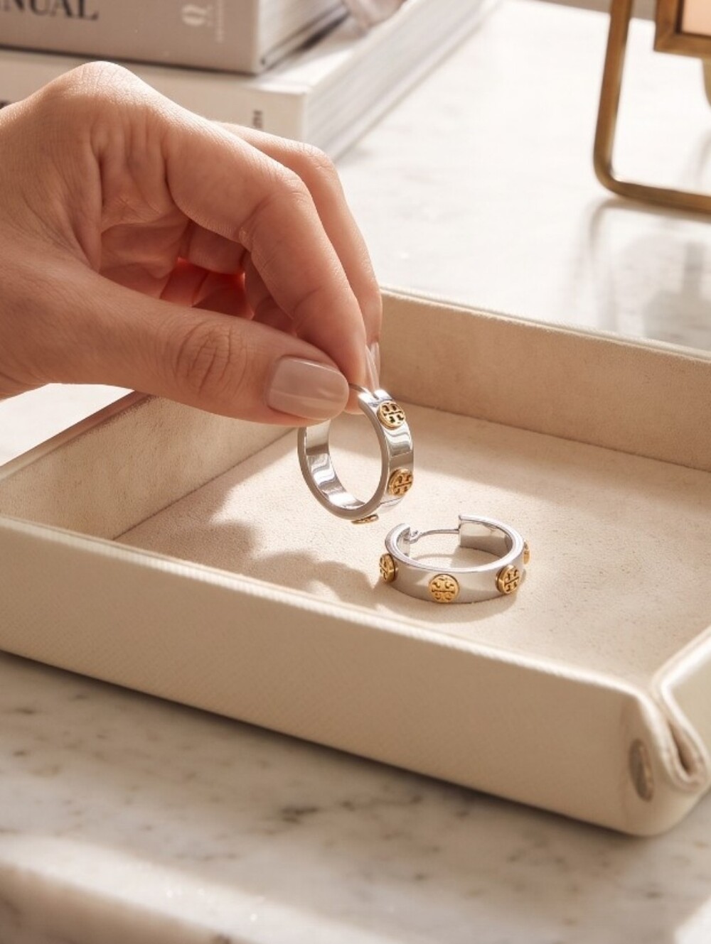 Tory Burch Icon Hoop Two Tone Earrings
